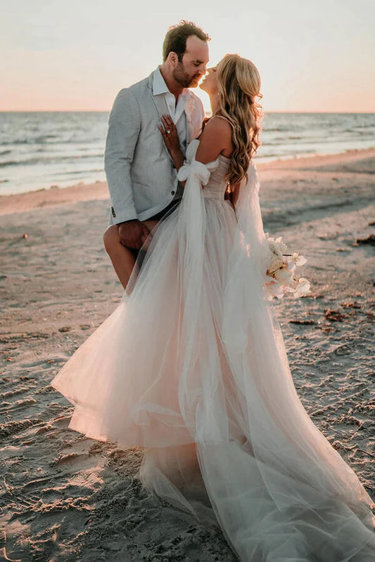 Tulle A-line Off-the-Shoulder Beach Wedding Dresses With Side Slit, MW889 | vintage wedding dresses | simple wedding dress | wedding dress stores | musebridals.com