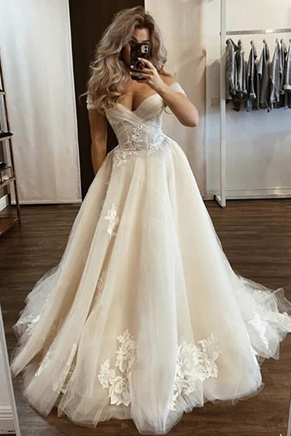 Tulle A-line Off-the-Shoulder Wedding Dresses With Floral Appliques, MW1003 | affordable wedding dresses | cheap lace wedding dress | bridal gown | musebridals.com