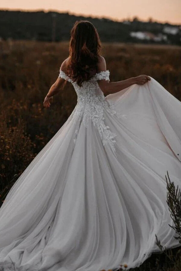 Tulle A-line Off-the-Shoulder Wedding Dresses With Lace Appliques, MW833 | outdoor wedding dresses | cheap wedding dress | bridal gown | musebridals.com