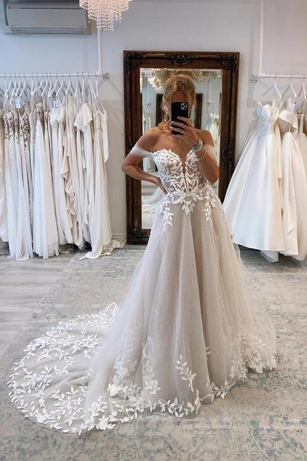 Tulle A-line Off-the-Shoulder Wedding Dresses With Lace Appliques, MW912 | cheap lace wedding dresses | a line wedding dress | summer wedding dress | musebridals.com