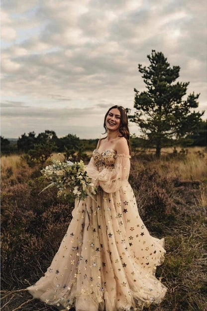 Tulle A-line Puff Sleeves Sweetheart Sequins Sparkly Wedding Dresses, MW840 | tulle wedding dresses | a line wedding dress | lace wedding dress | musebridals.com