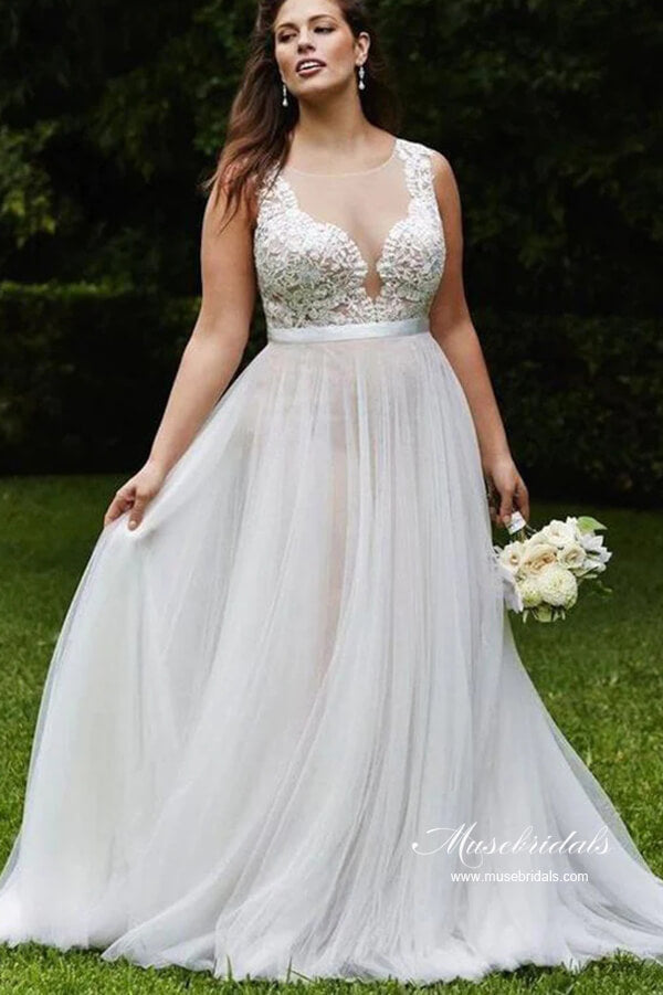 Tulle A-line Scoop Lace Appliques Plus Size Wedding Dress, Bridal Gown, MW988 | outdoor wedding dress | cheap lace wedding dress | wedding dress stores | musebridals.com