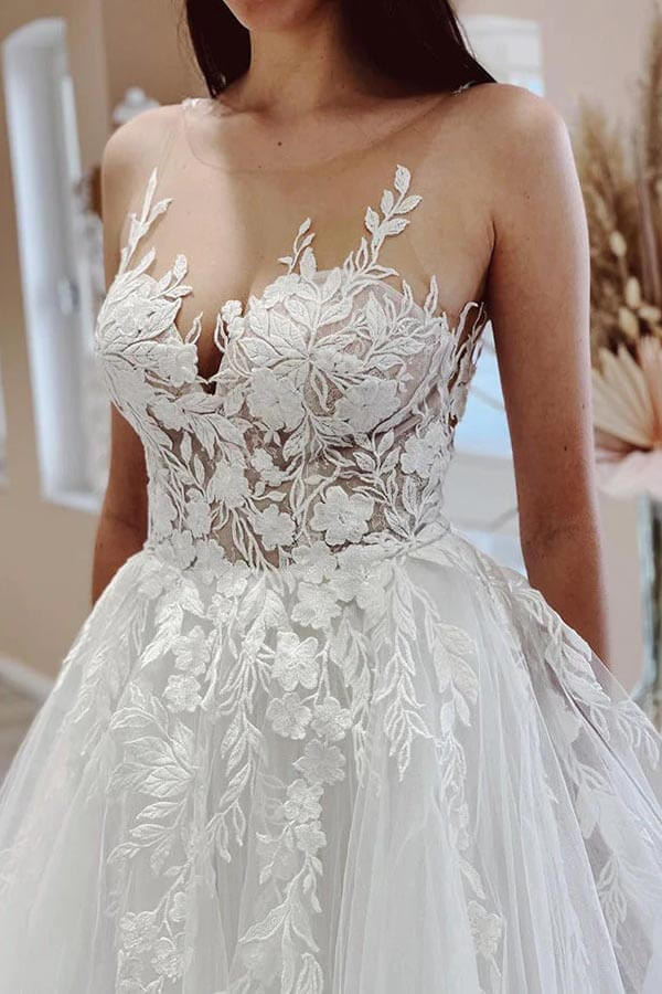 Tulle A-line Sheer Neck Wedding Dress With Lace Appliques, Bridal Gown, MW917 | tulle wedding dresses | wedding dress stores | wedding dresses near me | musebridals.com