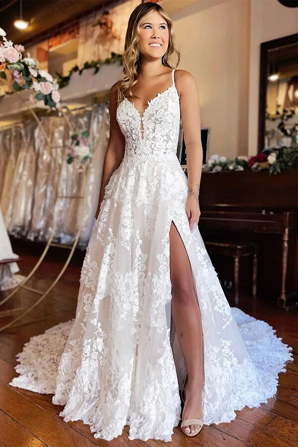 Tulle A-line Spaghetti Straps Sweetheart Wedding Dresses With High Slit, MW864 | ivory lace wedding dresses | cheap lace wedding dresses | bridal gown | musebridals.com