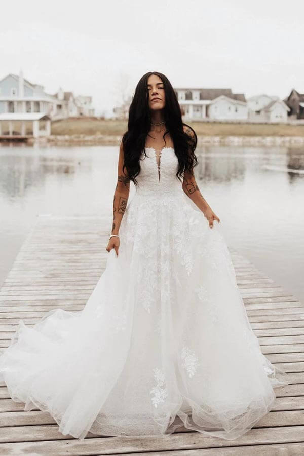 Tulle A-line Strapless Wedding Dresses With Lace Appliques, Bridal Gown, MW900 | lace wedding dresses | beach wedding dress | cheap wedding dresses online | musebridals.com