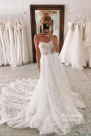 Tulle A-line Sweetheart Lace Wedding Dresses With Detachable Sleeves, MW875 | tulle wedding dresses | summer wedding dresses | cheap wedding dress online | musebridals.com