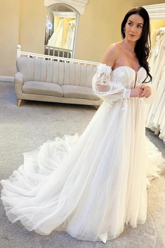 Tulle A-line Sweetheart Neck Wedding Dresses With Balloon Sleeves, MW949 | cheap lace wedding dress | wedding gown | lace wedding dresses | musebridals.com