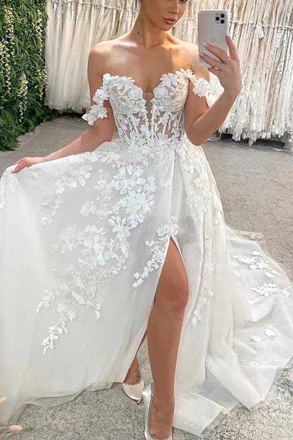 Tulle A-line Sweetheart Off Shoulder Wedding Dress With Lace Appliques, MW1007 | summer wedding dress | a line wedding dress | cheap lace wedding dress | musebridals.com