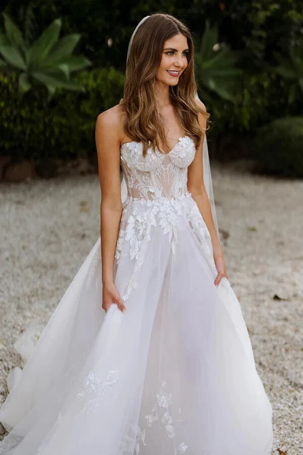 Tulle A-line Sweetheart Sleeveless Lace Appliques Boho Wedding Dresses, MW1026 | beach wedding dress | bridal style | wedding dresses near me | musebridals.com