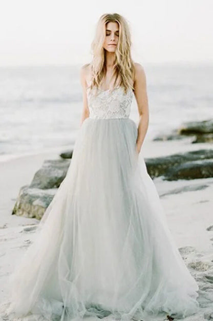 Tulle A-line Sweetheart Strapless Bohemian Modest Wedding Dresses, MW1027 | grey wedding dress | cheap lace wedding dress | bridal gown | musebridals.com