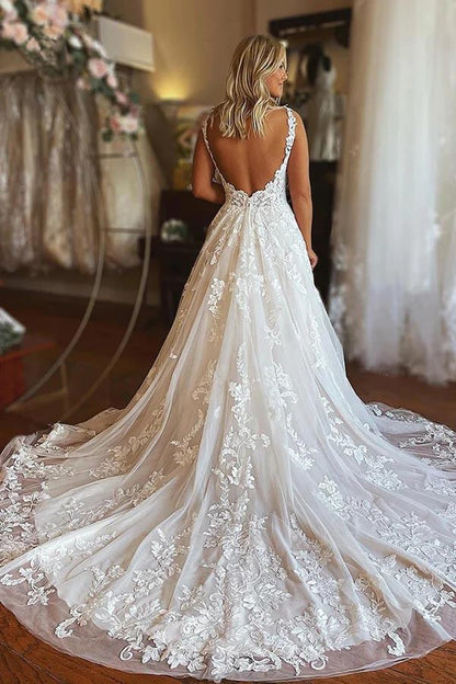 Tulle A-line V-neck Backless Boho Wedding Dresses With Lace Appliques, MW901 | vintage wedding dress | wedding dresses near me | wedding gown | musebridals.com