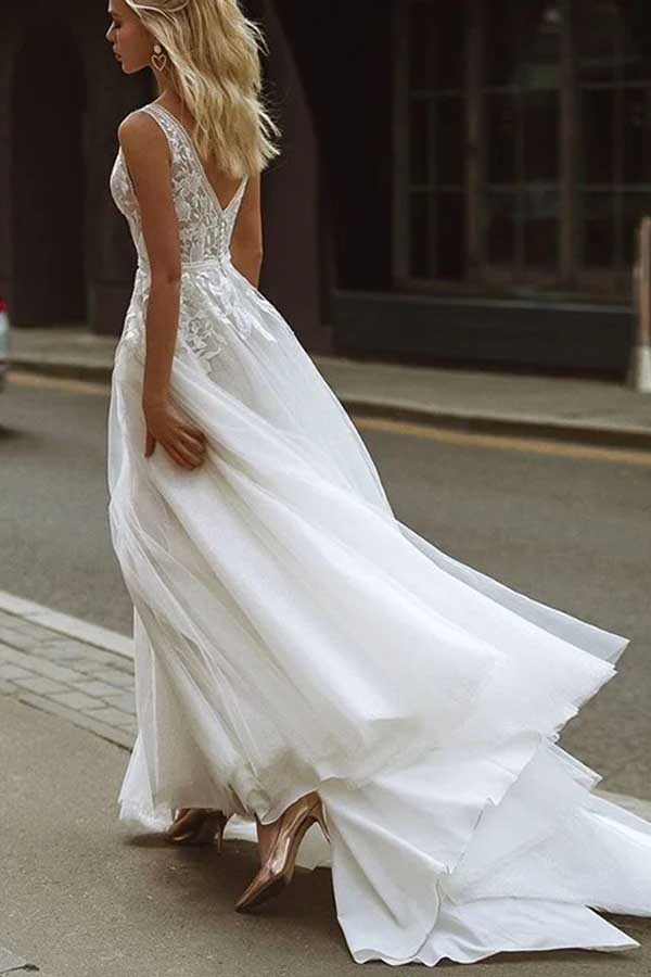 Beach wedding dresses | lace wedding dresses | a line wedding dresses | v neck wedding dress | musebridals.com