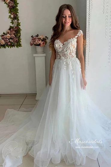 Tulle A-line V-neck Cap Sleeves Wedding Dresses With Lace Appliques, MW945 | lace wedding gown | wedding dresses online | bridal outfit | musebridals.com