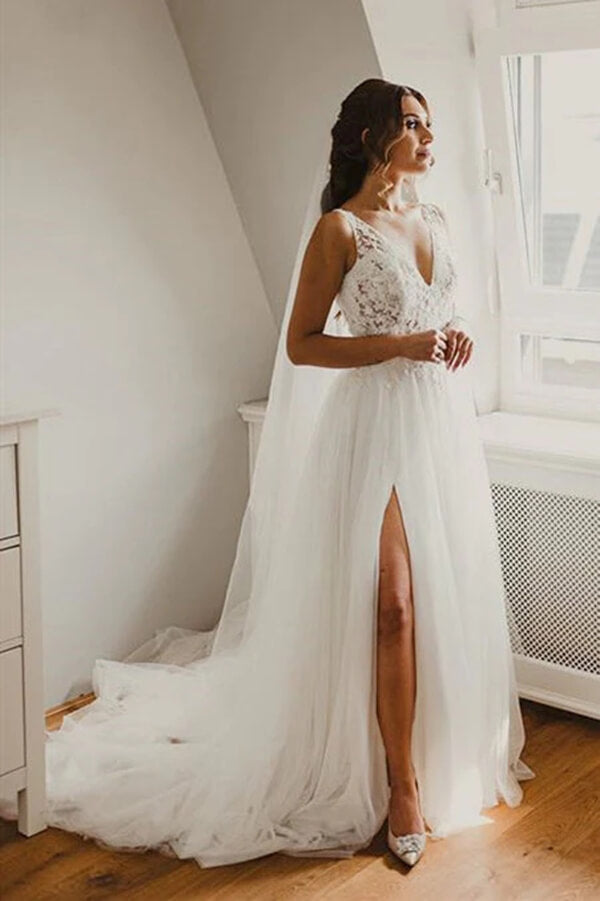 Tulle A-line V-neck Lace Wedding Dress With Side Slit, Wedding Gown, MW808 | cheap wedding dress | wedding dresses stores | wedding dresses online | vintage wedding dress | musebridals.com