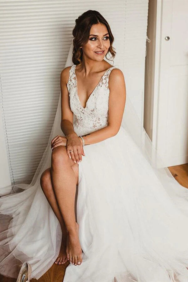 Tulle A-line V-neck Lace Wedding Dress With Side Slit, Wedding Gown, MW808 | cheap lace wedding gown | bridal style | lace wedding dresses | musebridals.com