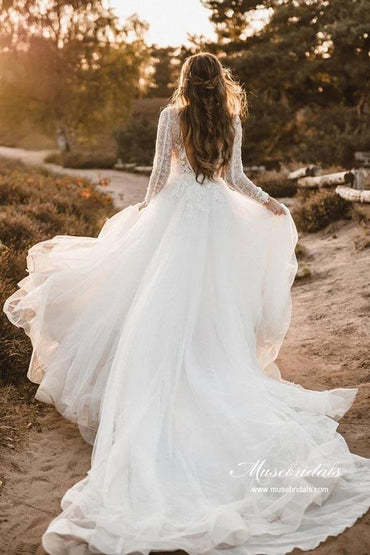 Tulle A-line V-neck Long Sleeves Wedding Dresses With Lace Appliques, MW920 | lace wedding gown | outdoor wedding dresses | bridal style | musebridals.com