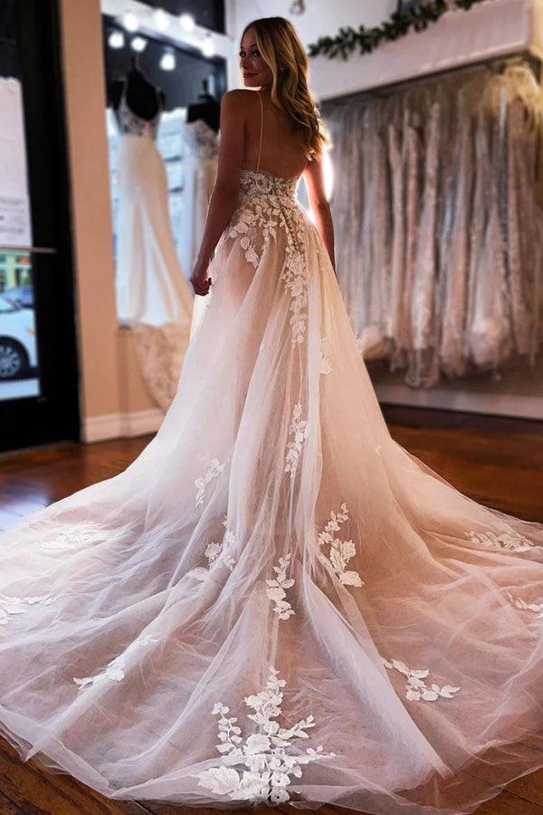 Tulle A-line V-neck Wedding Dress With Lace Appliques, Wedding Gown, MW923 | bridal style | beach wedding dresses | wedding dresses near me | musebridals.com