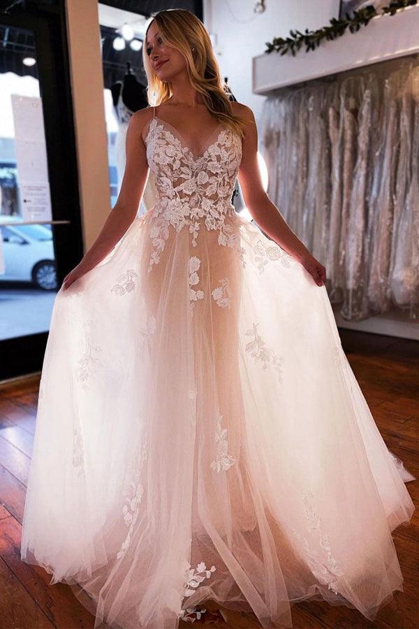 Tulle A-line V-neck Wedding Dress With Lace Appliques, Wedding Gown, MW923 | cheap lace wedding dresses | wedding dresses online | vintage wedding dress | musebridals.com