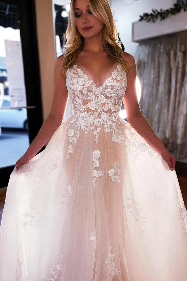 Tulle A-line V-neck Wedding Dress With Lace Appliques, Wedding Gown, MW923 | bohemian wedding dress | wedding dress stores | a line wedding dress | musebridals.com