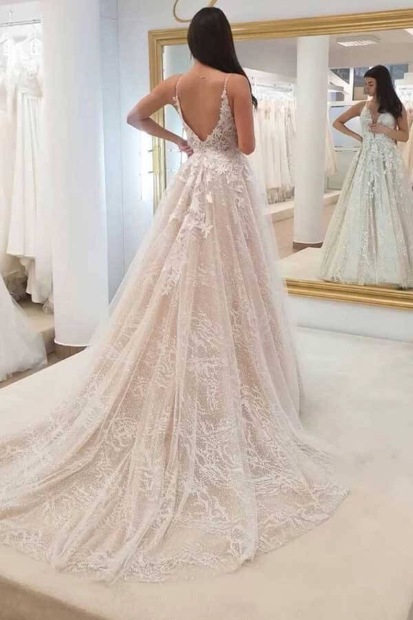 Tulle A-line V-neck Wedding Dresses With Lace Appliques, Bridal Gown, MW722 | cheap lace wedding dresses | bridal outfit | wedding gowns | wedding dresses online | www.musebridals.com