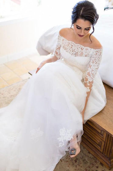 Tulle A line Lace Long Sleeve Off Shoulder Wedding Dress, Bridal Gown, MW536 | lace wedding dress | wedding gown | bridal dress | cheap lace wedding dress | www.musebridals.com