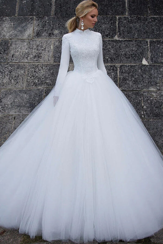 Tulle Ball Gown High Collar Long Sleeves Wedding Dresses, Wedding Gown, MW789 | ball gown wedding dresses | tulle wedding dress | bridal gown | musebridals.com