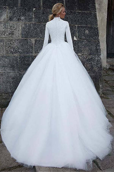 Tulle Ball Gown High Collar Long Sleeves Wedding Dresses, Wedding Gown, MW789 | wedding dresses online | cheap lace wedding dresses | long sleeves wedding dresses | musebridals.com