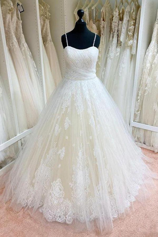 Tulle Ball Gown Spaghetti Straps Lace Appliques Wedding Dresses, MW975 | lace wedding gown | bridal gown | cheap lace wedding dress | musebridals.com