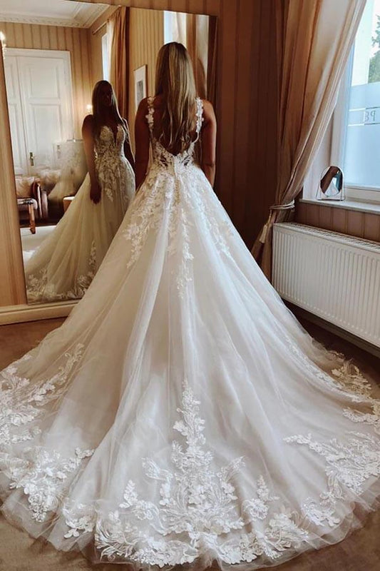 Tulle Ball Gown V-neck Lace Appliques Wedding Dresses, Bridal Gown, MW876 | cheap lace wedding dress | a line wedding dress | lace wedding gown | musebridals.com