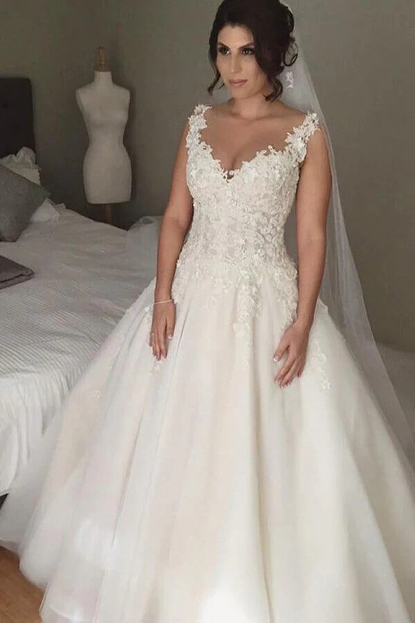 Tulle Ball Gown V-neck Sweep Train Wedding Dresses, Bridal Gown, MW811 | lace wedding dresses | cheap wedding dresses | vintage wedding dress | musebridals.com