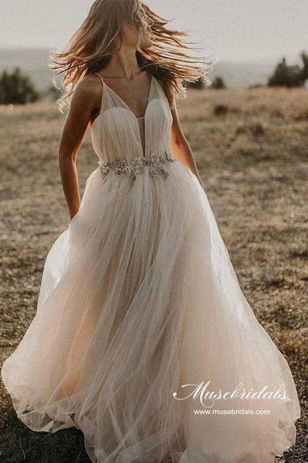 Tulle Beaded A-line Spaghetti Straps V-neck Beach Wedding Dresses, MW984 | tulle wedding dress | champagne wedding dress | beach wedding gown | musebridals.com