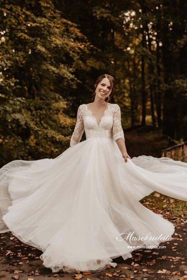 Tulle Lace A-line 3/4 Sleeves Backless Wedding Dresses, Bridal Gown, MW878 | cheap lace wedding dresses | beach wedding dresses | long sleeves wedding dress | musebridals.com