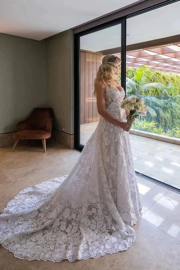 Tulle Lace A-line Wedding Dresses With Court Train, Wedding Gowns, MW918 | lace wedding dresses | cheap wedding dress | wedding dress stores | musebridals.com