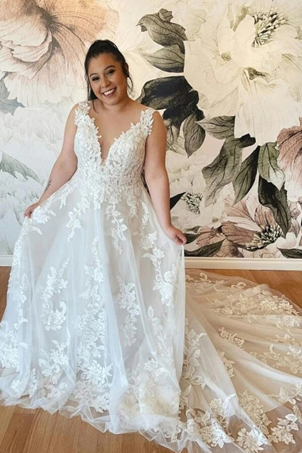 Tulle Lace Plus Size A-line V-neck Backless Wedding Dresses, Bridal Gowns, MW752 | plus size wedding gown | lace wedding dresses online | wedding dresses stores | musebridals.com