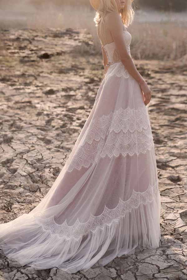 Tulle Lace Spaghetti Straps Boho Wedding Dresses, A-line Bridal Gown, MW715 | beach wedding dresses | bohemian wedding dresses | lace wedding dresses | www.musebridals.com