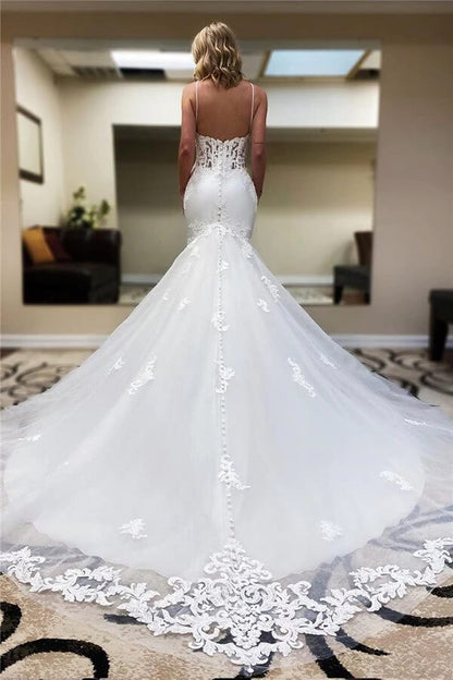 Tulle Mermaid Lace V-neck Spaghetti Straps Wedding Dresses With Train, MW902 | cheap wedding dresses | vintage wedding dresses | bridal gown | musebridals.com