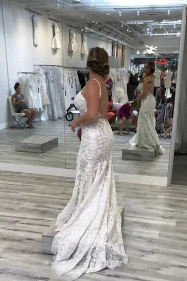 Tulle Mermaid Spaghetti Straps V-neck Backless Lace Wedding Dresses, MW891 | cheap wedding dresses online | bridal gown | vintage wedding dress | musebridals.com