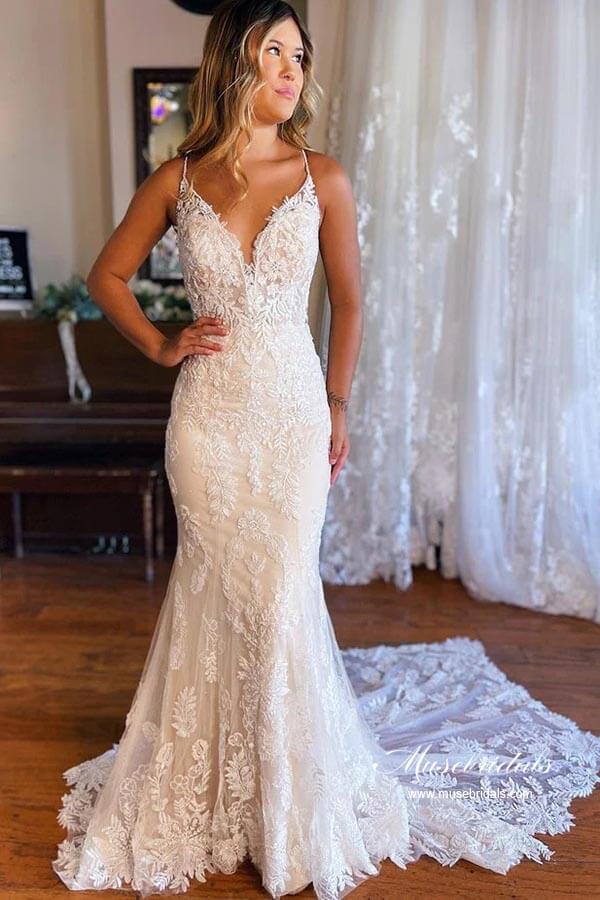 Tulle Mermaid Spaghetti Straps V-neck Lace Appliques Wedding Dresses, MW870 | cheap lace wedding dresses | mermaid wedding dress | lace wedding gown | musebridals.com