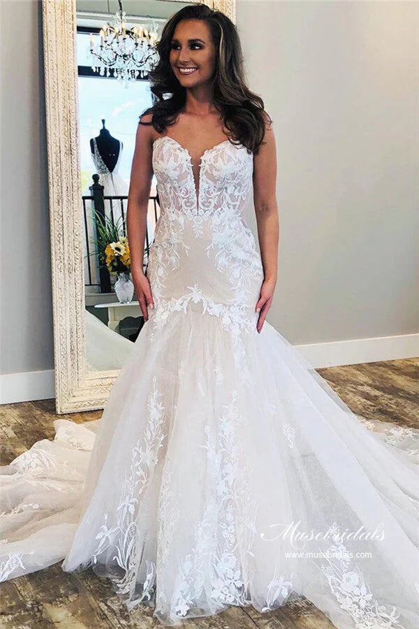 Tulle Mermaid Strapless Sweetheart Lace Appliques Wedding Dresses, MW995 | tulle wedding dress | cheap lace wedding dress | wedding gown | musebridals.com