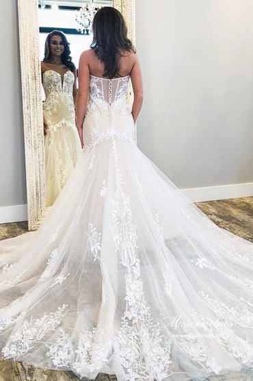 Tulle Mermaid Strapless Sweetheart Lace Appliques Wedding Dresses, MW995 | mermaid wedding dress | bridal gown | vintage wedding dress | musebridals.com