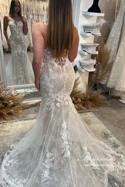 Tulle Mermaid Sweetheart Lace Appliques Wedding Dresses With Train, MW922 | mermaid wedding dresses | summer wedding dresses | wedding dress stores | musebridals.com