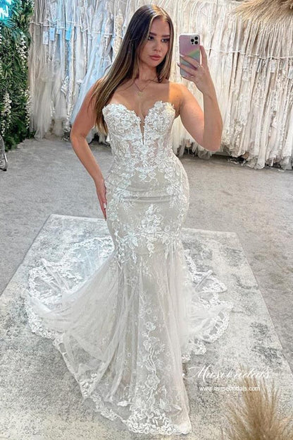 Tulle Mermaid Sweetheart Lace Appliques Wedding Dresses With Train, MW922 | cheap lace wedding dresses | wedding gown | bridal style | musebridals.com