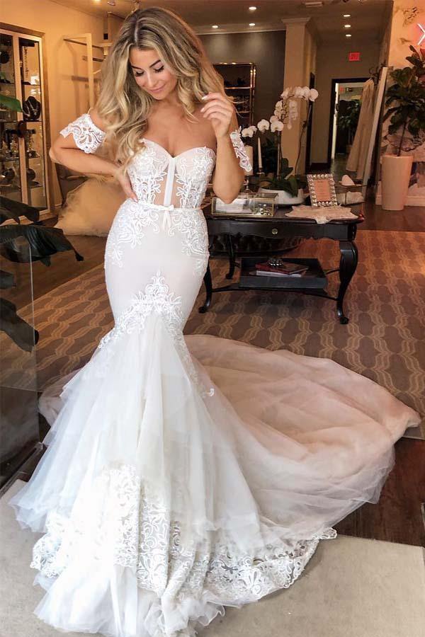 ​Tulle Mermaid Sweetheart Lace Appliques Wedding Dresses, Bridal Gown, MW744 | mermaid wedding dress | lace wedding dress | cheap wedding dresses | www.musebridals.com