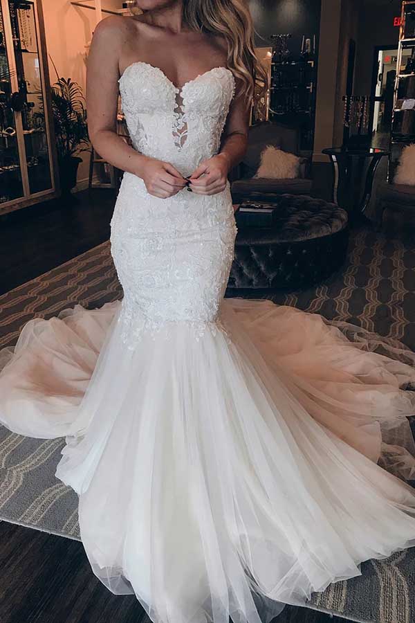 Tulle Mermaid Sweetheart Strapless Lace Wedding Dresses, Wedding Gown, MW798 | cheap lace wedding dresses | tulle lace wedding dresses | wedding dresses stores | musebridals.com