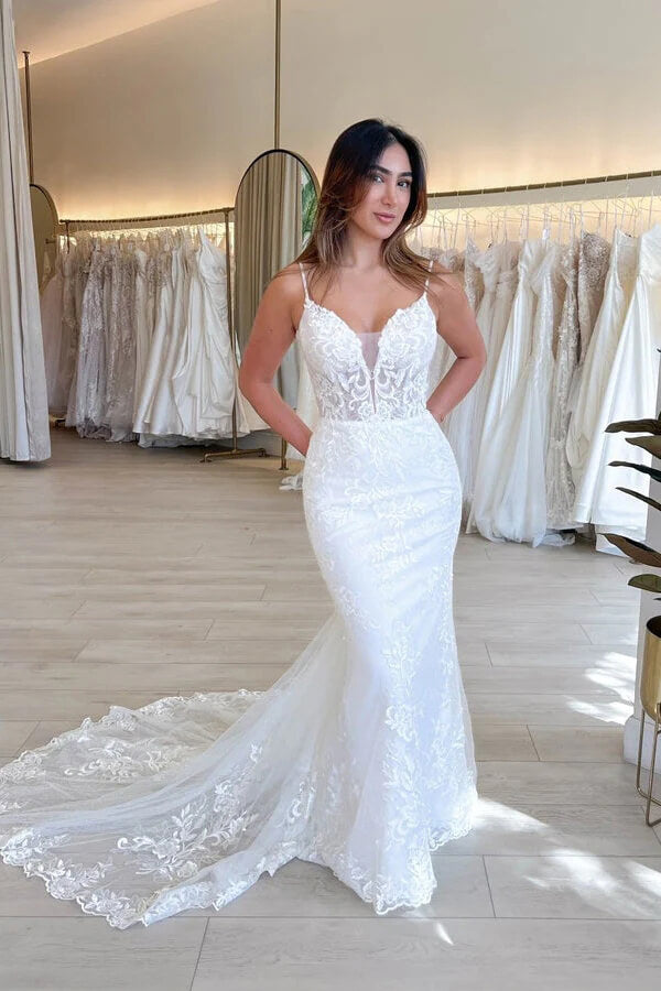 Tulle Mermaid V-neck Lace Appliques Wedding Dresses, Bridal Gown, MW927 | cheap lace wedding dress | wedding gown | mermaid wedding dress | musebridals.com