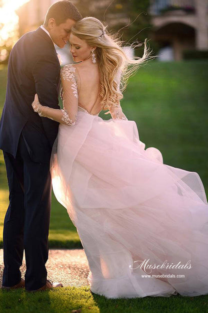 Tulle Open Back Bateau Neckline Long Sleeves Lace Wedding Dresses, MW986 | outdoor wedding dress | country wedding dress | v neck wedding dress | musebridals.com