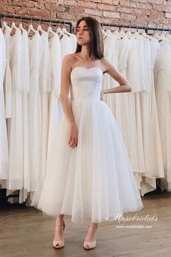 Tulle Satin Ankle Length Strapless Short Wedding Dresses, Bridal Dress, MW970 | short wedding dress | cheap wedding dress | simple wedding dress | musebridals.com