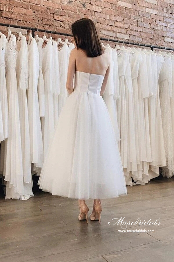 Tulle Satin Ankle Length Strapless Short Wedding Dresses, Bridal Dress, MW970 | strapless wedding dress | tulle wedding dress | wedding dresses cheap | musebridals.com