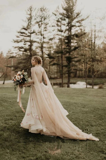 Tulle V-neck 3D Flowers Spaghetti Straps Wedding Dresses, Bridal Gown, MW955 | outdoor wedding dress | lace wedding gown | bridal outfit | musebridals.com