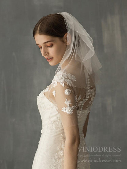 Two Tiers Short Bridal Veils with Pearls AC1237-Veils-Viniodress-Ivory-Viniodress